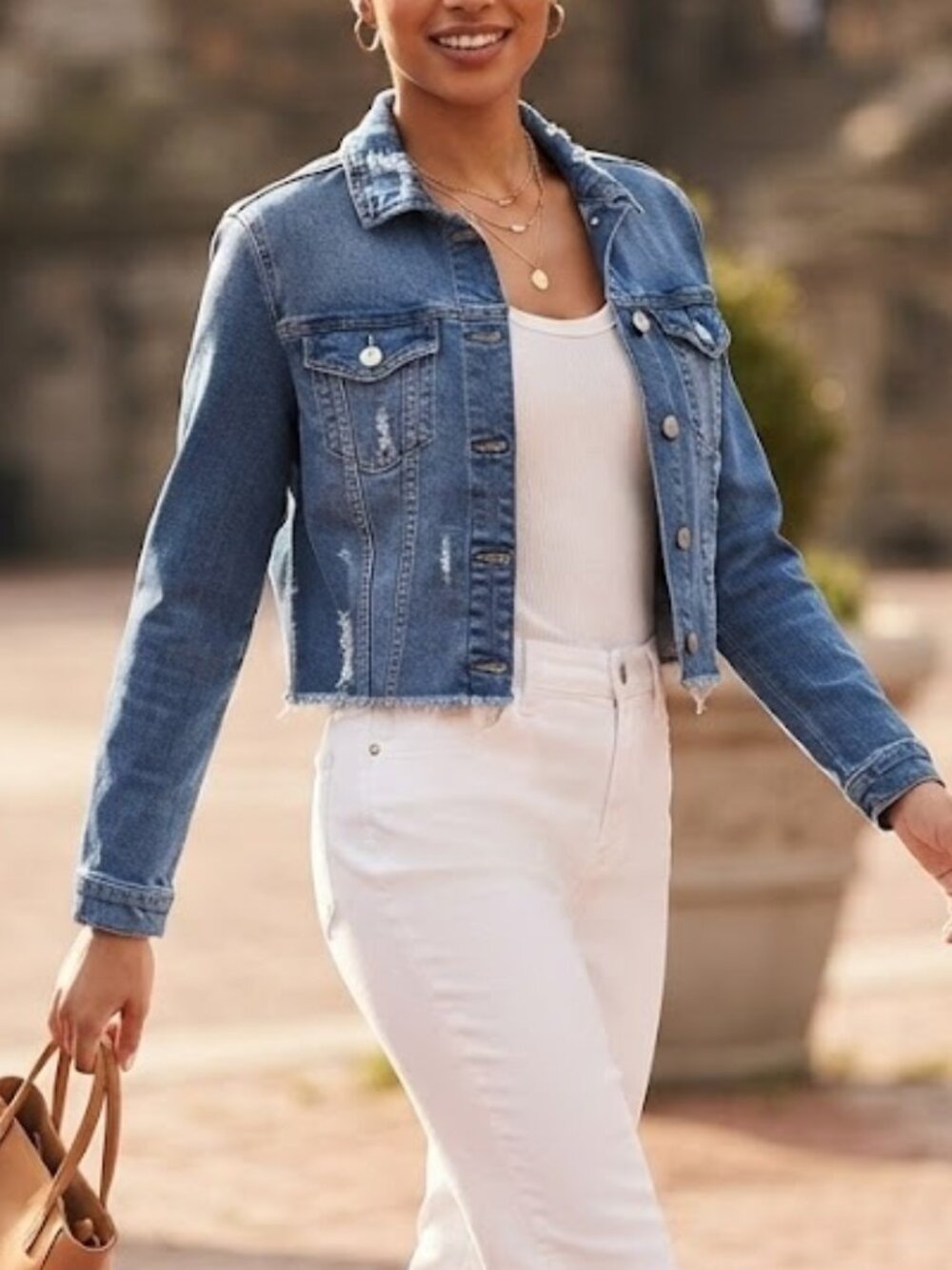 Distressed Cropped Raw Hem Denim Jacket I&M Jeans Womens Size Medium